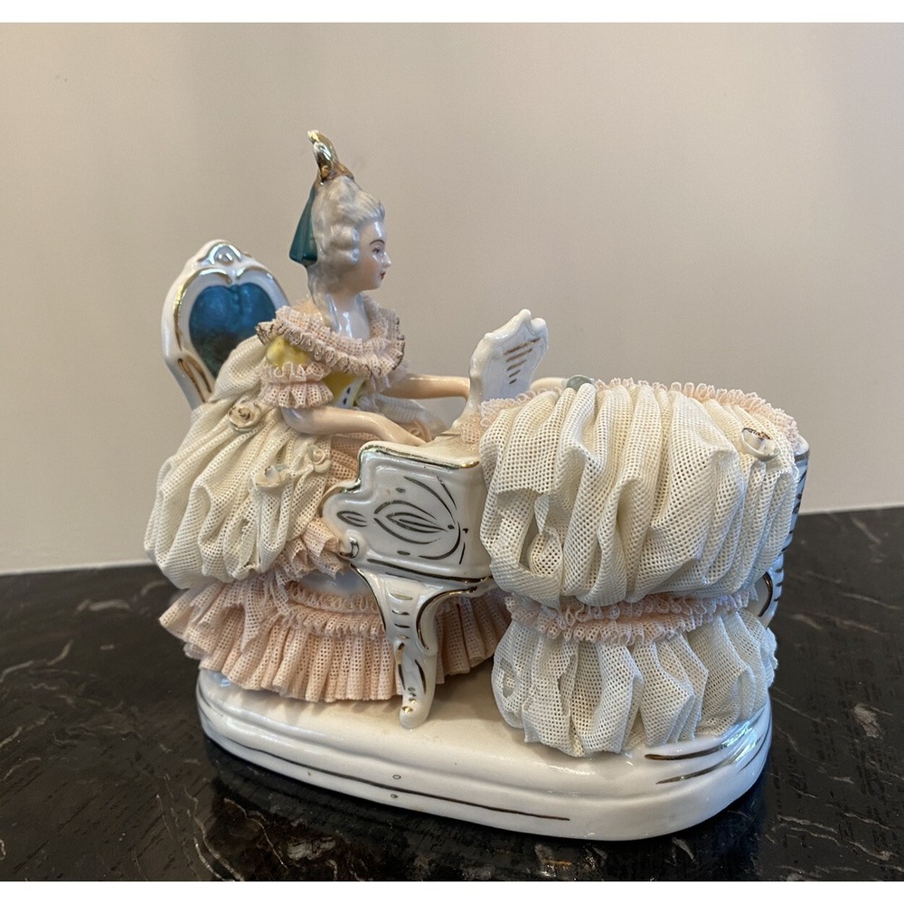 Dresden Lace Porcelain Figurine Lady Playing Piano Germany 5.75"x 6"x 3.75"